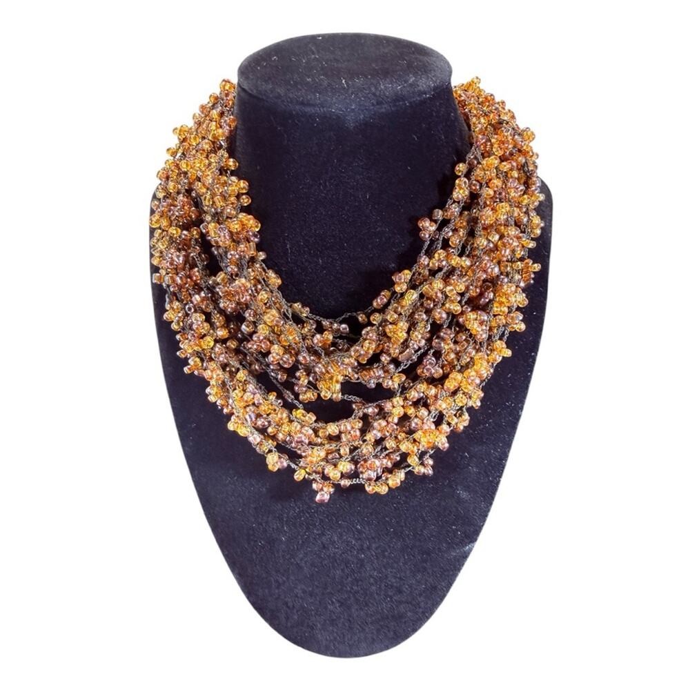Multi-Strand Lariat Beaded Necklace with Yellow and Gold-toned beads   17” long